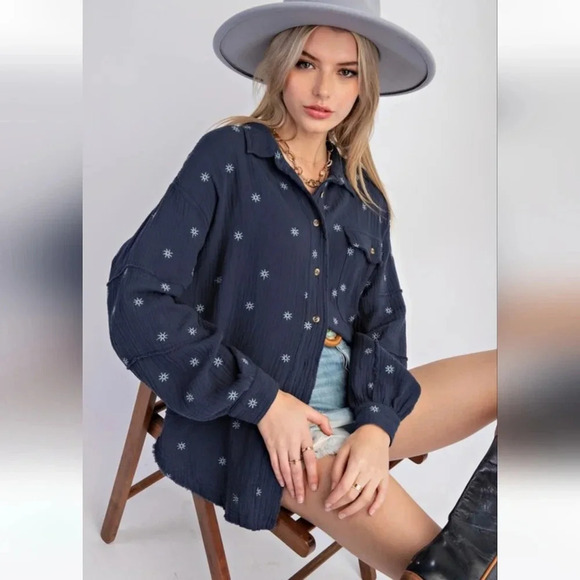 easel Tops - Easel Blue Daisy Floral Embroidered Cotton Gauze Long Sleeve Shirt New
